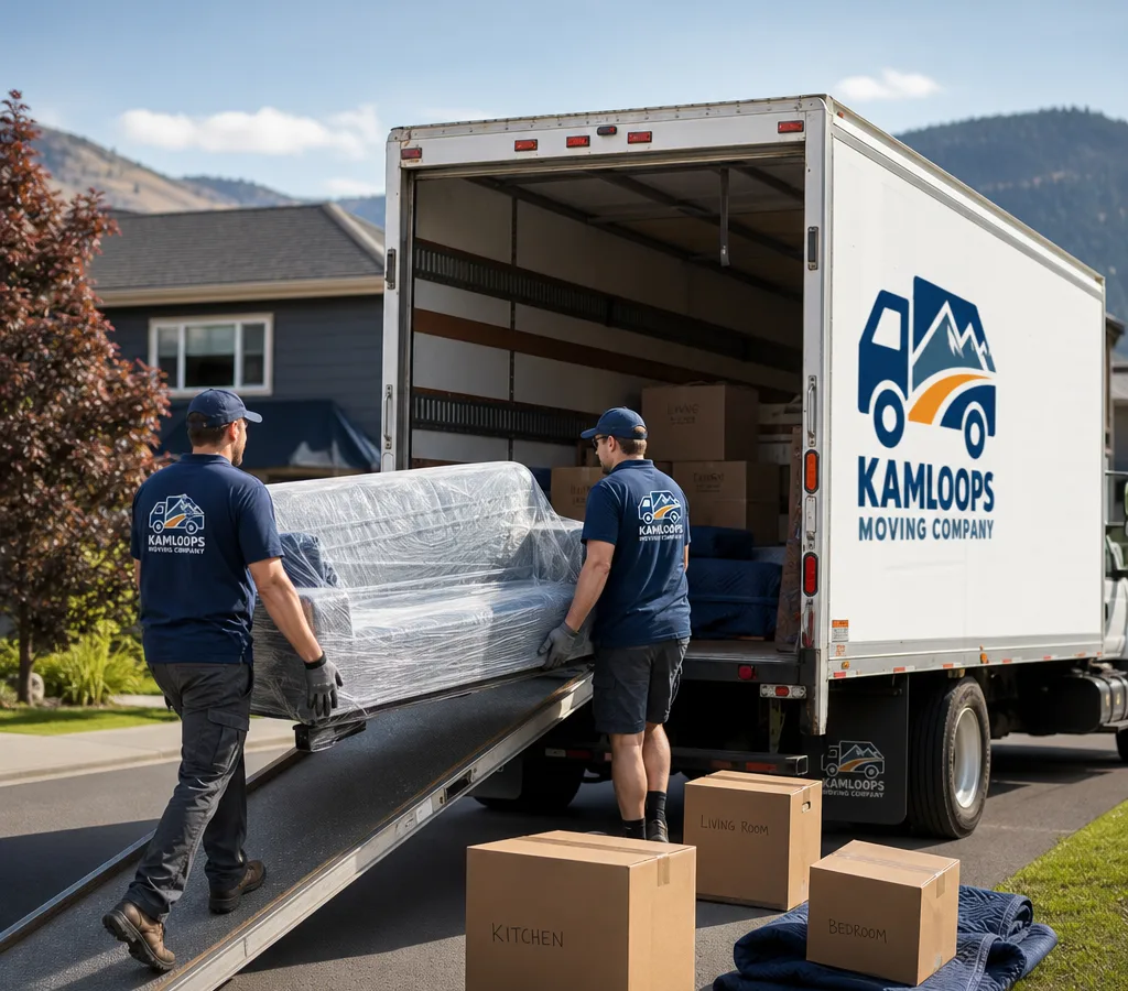 Two professional movers loading a wrapped sofa and labeled boxes into a moving truck outside a Kamloops home