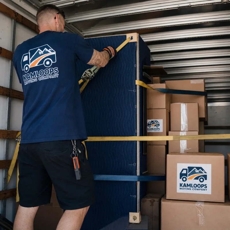 Inside of a moving truck showing braced furniture, stacked boxes with heavier cartons on bottom, and straps securing the load for transport