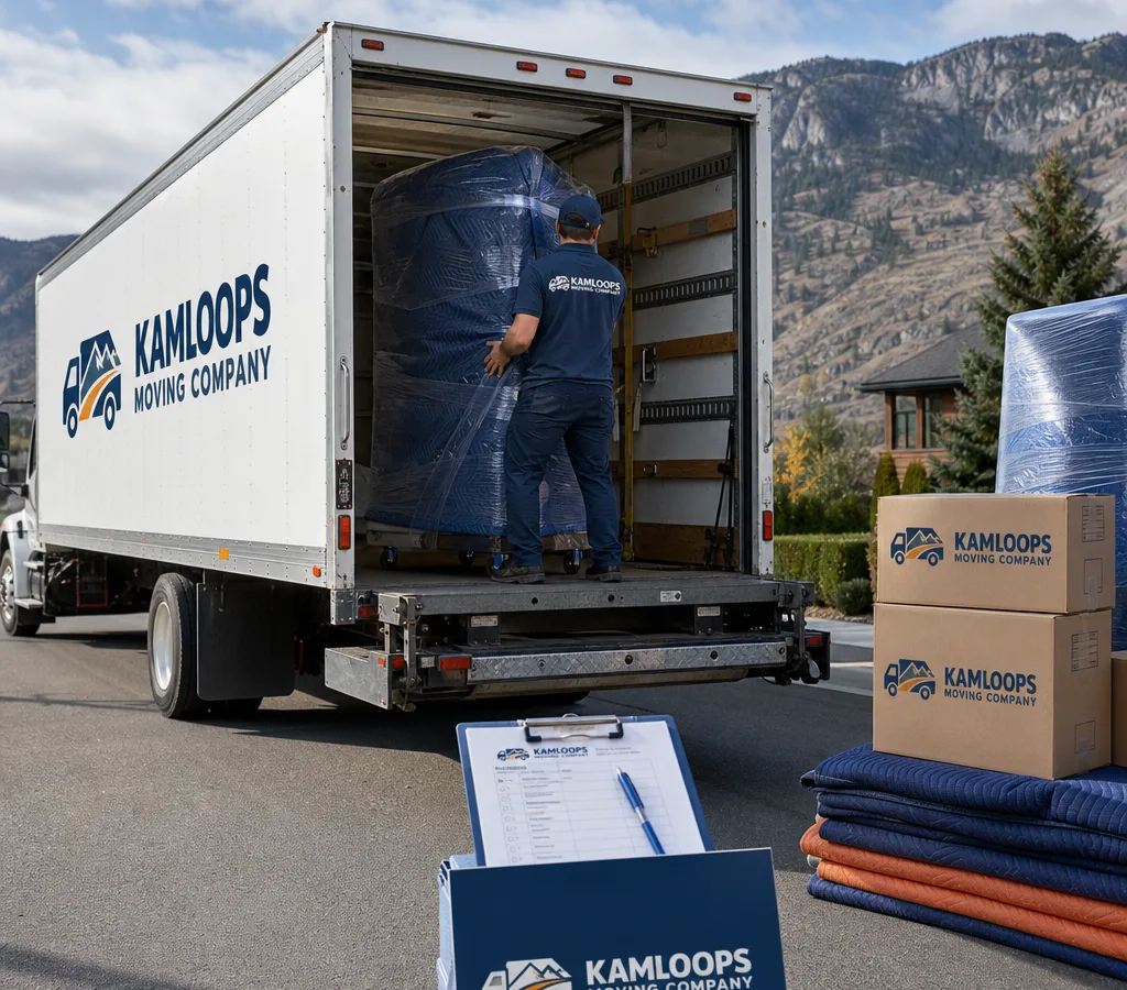 Movers loading a secured long-distance shipment into a moving truck in Kamloops, with wrapped furniture and labeled boxes staged for inventory