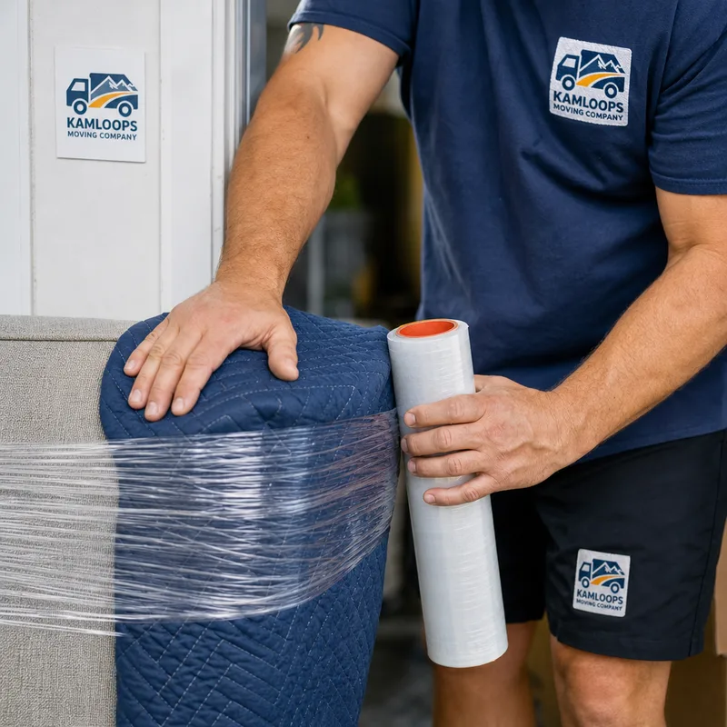 Mover wrapping a couch arm with a moving blanket and stretch wrap beside a protected doorway