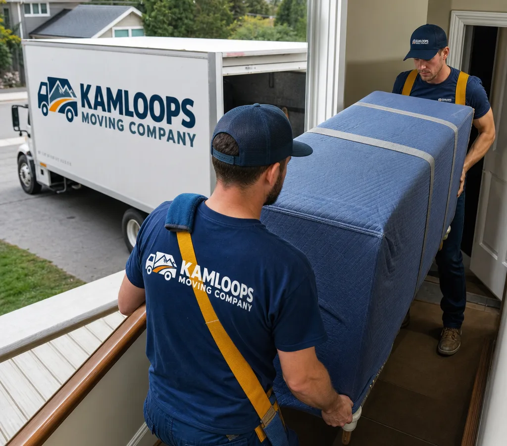 Two professional movers carrying a wrapped dresser down a residential stairwell into a clean moving truck