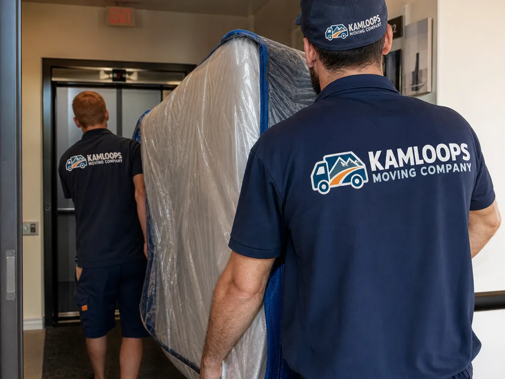 Moving crew carrying a protected mattress through an apartment hallway toward an elevator
