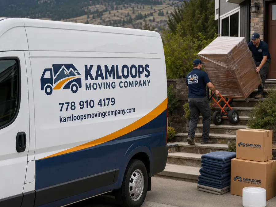 Movers using a dolly to carry a shrink-wrapped dresser down exterior steps