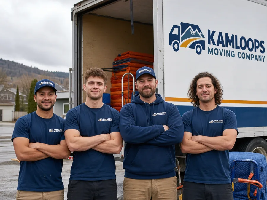 Uniformed movers standing beside a moving truck with moving pads and dollies visible